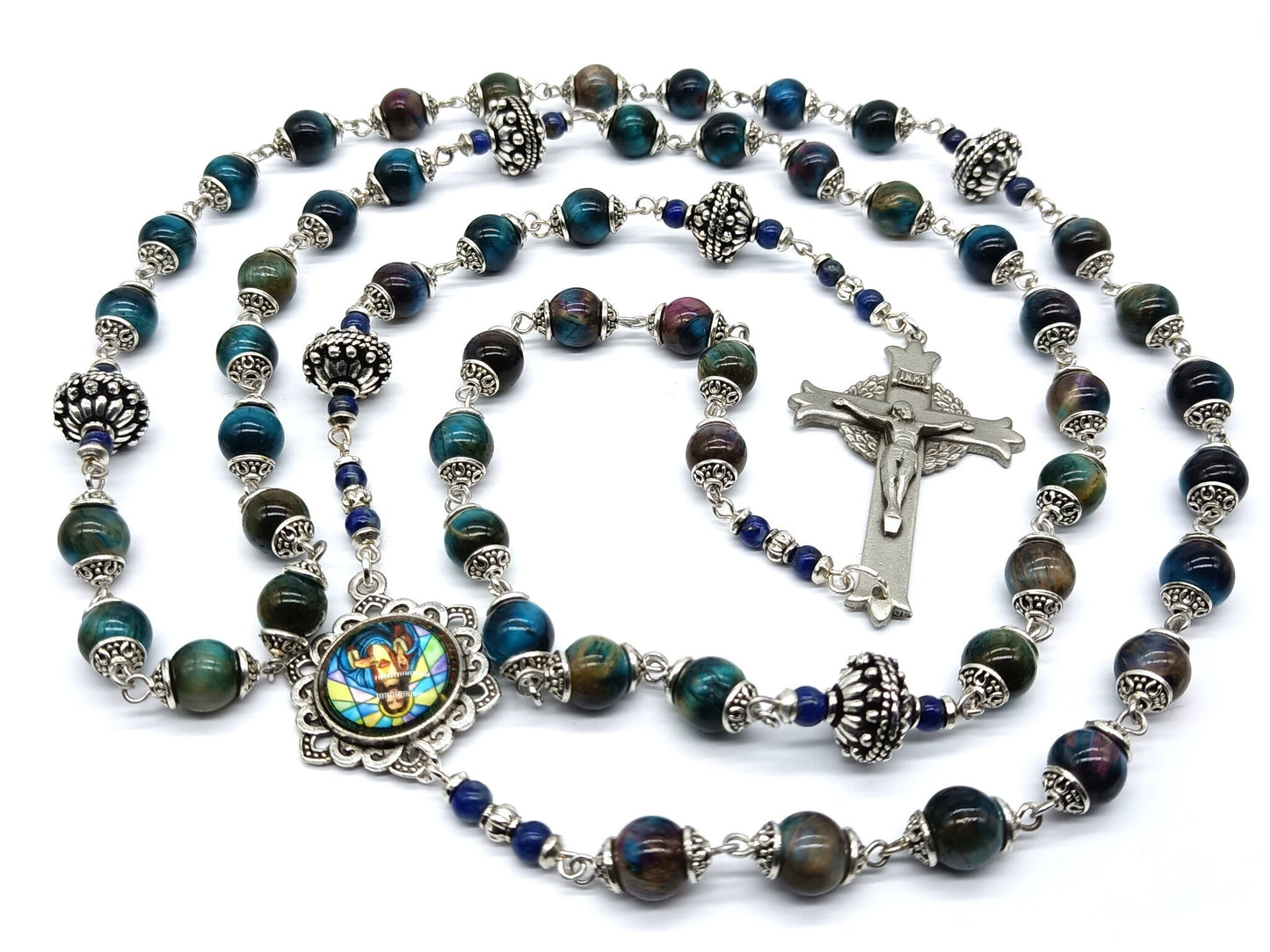 Sacred Heart unique rosary beads circle rosary with tigers eye gemstone beads, linking crucifix, silver pater beads, caps and picture centre medal.