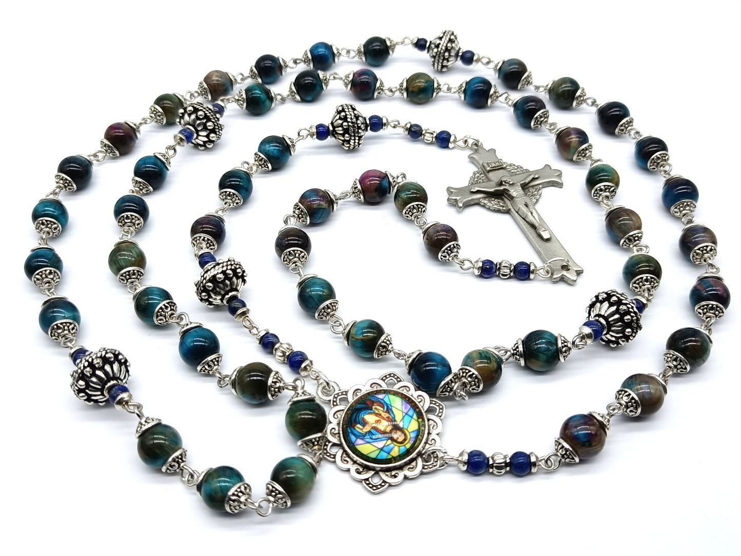 Sacred Heart unique rosary beads circle rosary with tigers eye gemstone beads, linking crucifix, silver pater beads, caps and picture centre medal.