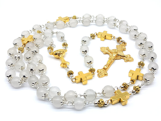 First Holy Communion unique rosary beads with white jade and gold cross beads, gold sunburst crucifix and chalice centre medal.