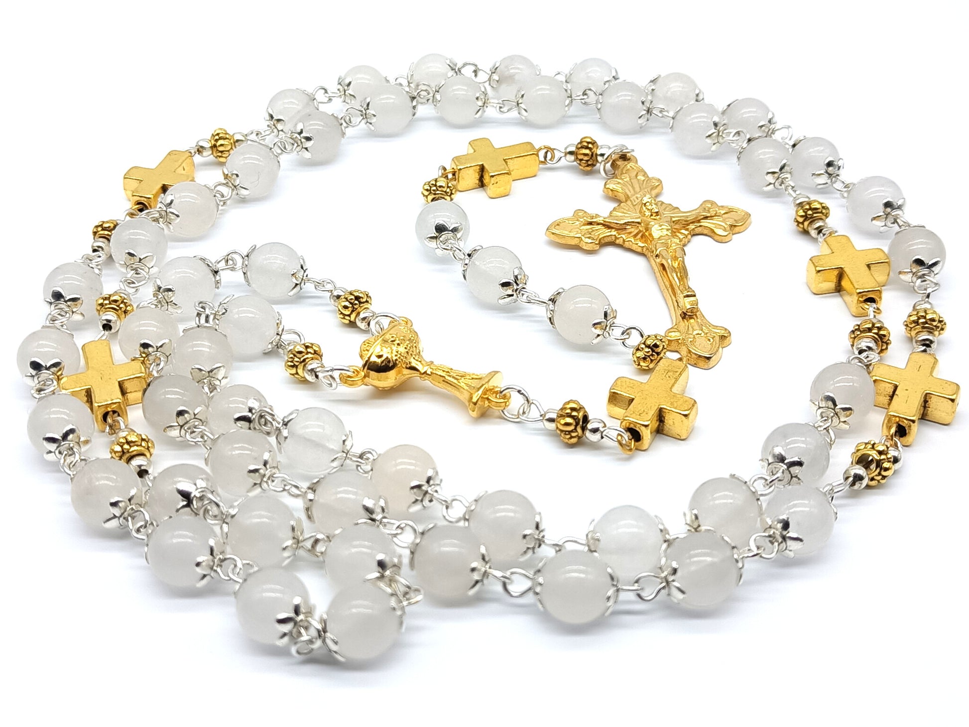 First Holy Communion unique rosary beads with white jade and gold cross beads, gold sunburst crucifix and chalice centre medal.