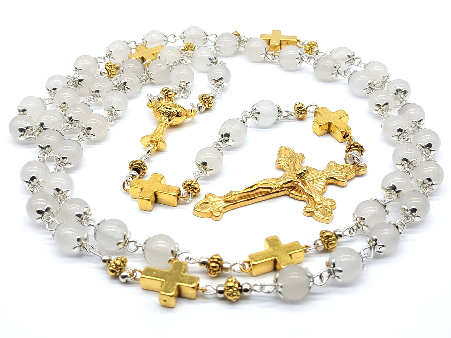 First Holy Communion unique rosary beads with white jade and gold cross beads, gold sunburst crucifix and chalice centre medal.