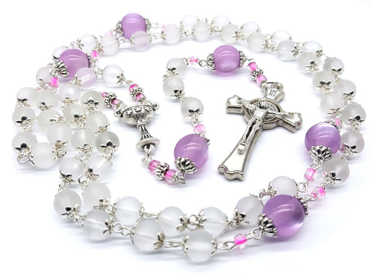First Holy Communion unique rosary beads with white frosted and purple glass beads, silver white enamel crucifix and chalice centre medal.