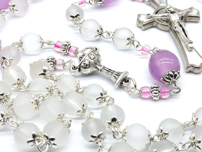 First Holy Communion unique rosary beads with white frosted and purple glass beads, silver white enamel crucifix and chalice centre medal.