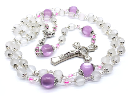 First Holy Communion unique rosary beads with white frosted and purple glass beads, silver white enamel crucifix and chalice centre medal.