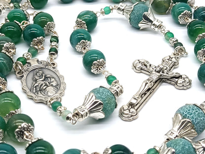 Virgin Mary unique rosary beads with green agate gemstone beads, silver bead caps, crucifix and centre medal.