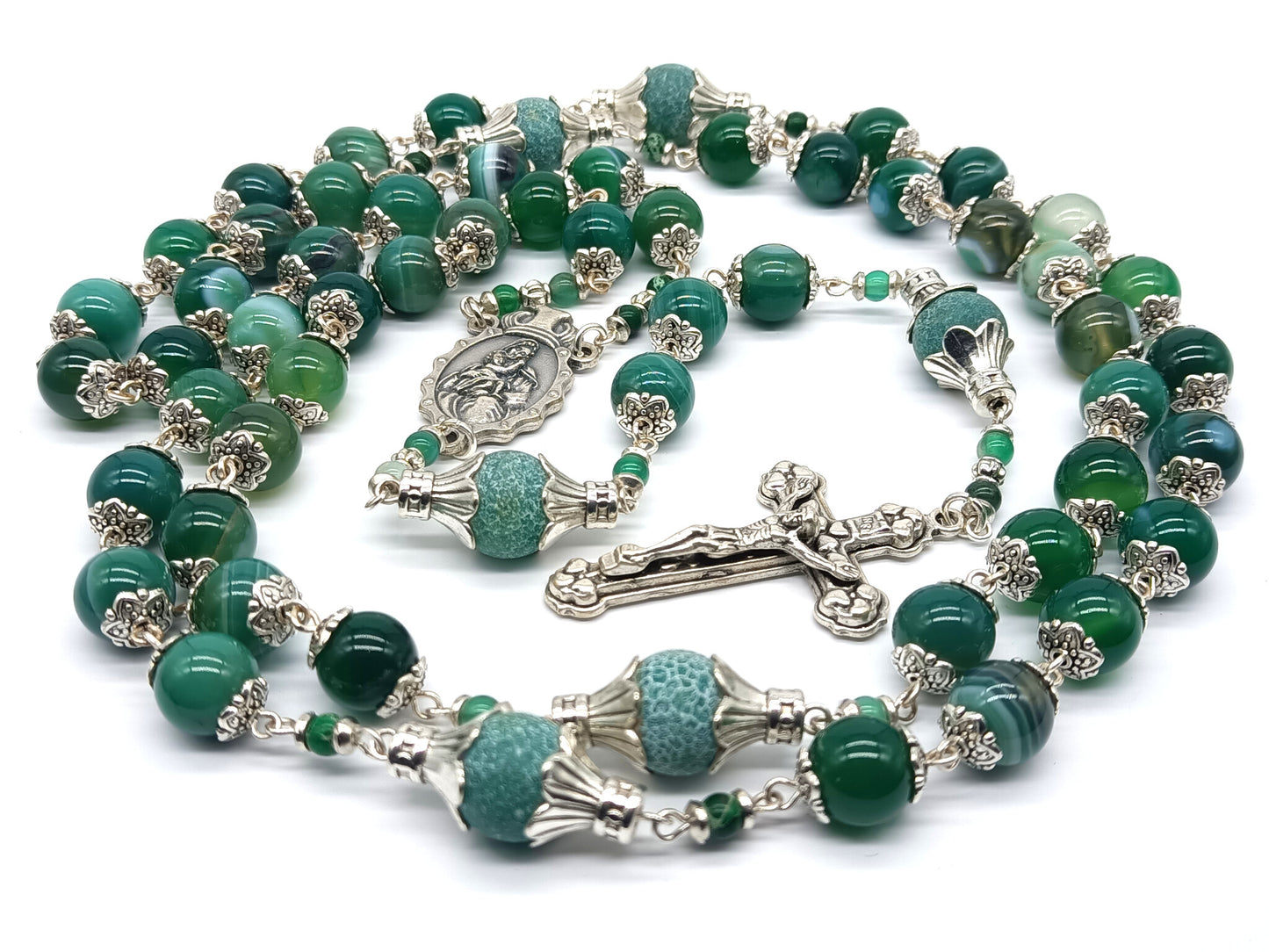 Virgin Mary unique rosary beads with green agate gemstone beads, silver bead caps, crucifix and centre medal.