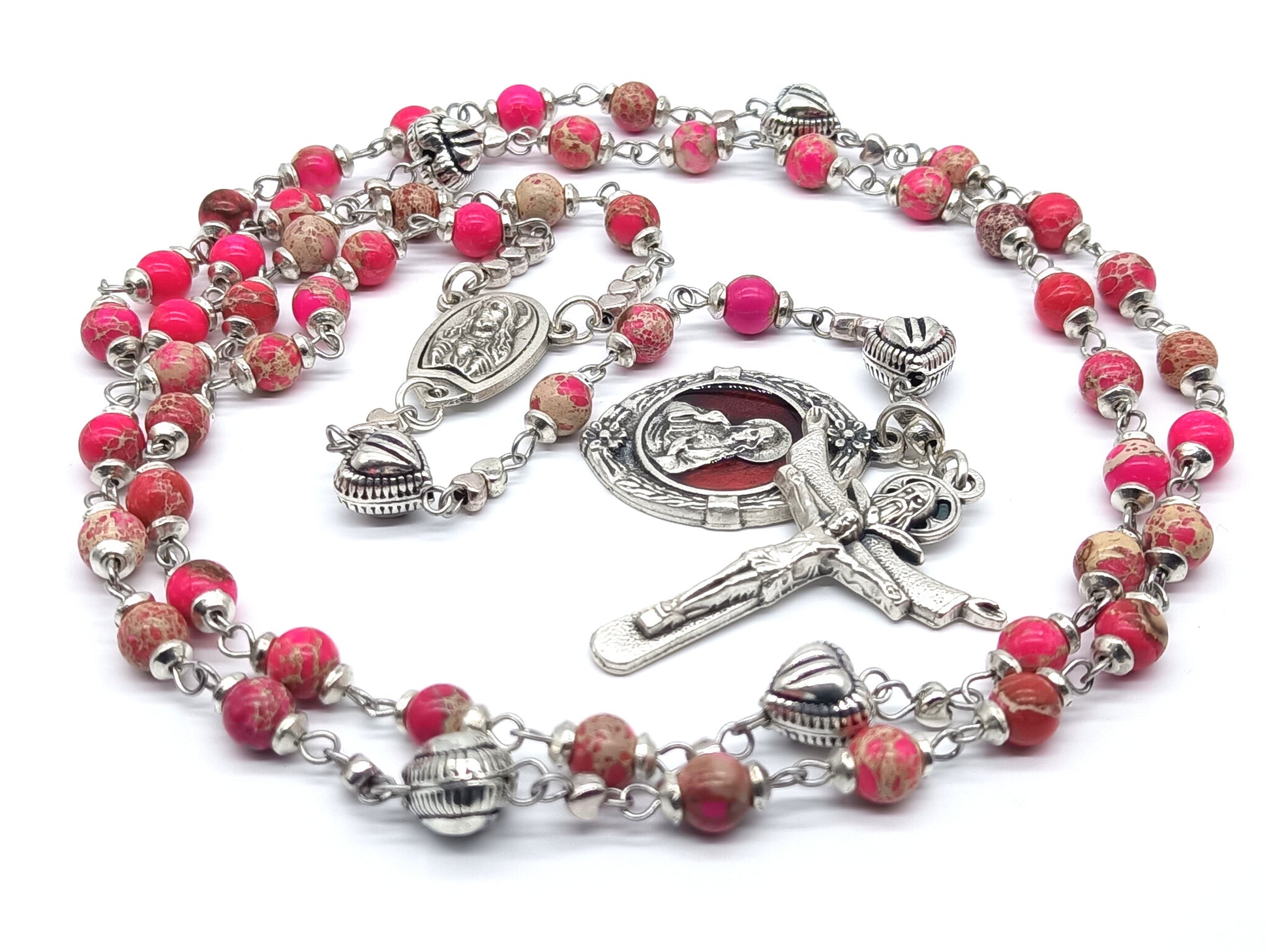 Sacred Heart unique rosary beads with pink gemstone beads, silver crucifix, heart pater beads and Scared Heart medal.