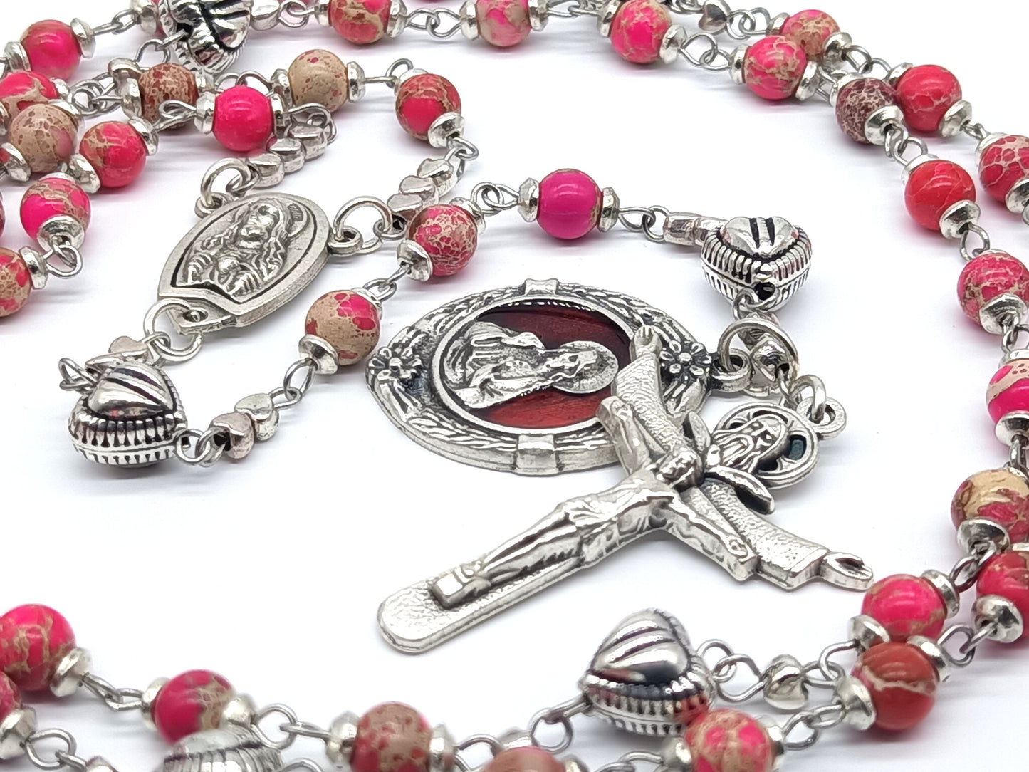 Sacred Heart unique rosary beads with pink gemstone beads, silver crucifix, heart pater beads and Scared Heart medal.