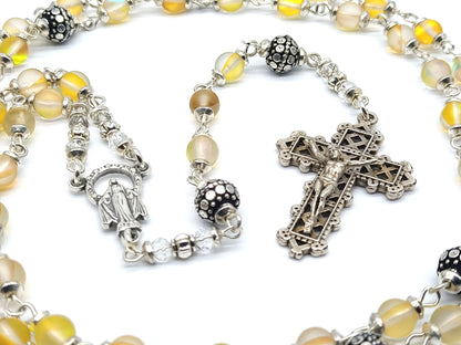 Miraculous medal unique rosary beads with yellow quartz gemstone beads, silver crucifix, pater beads and centre medal.