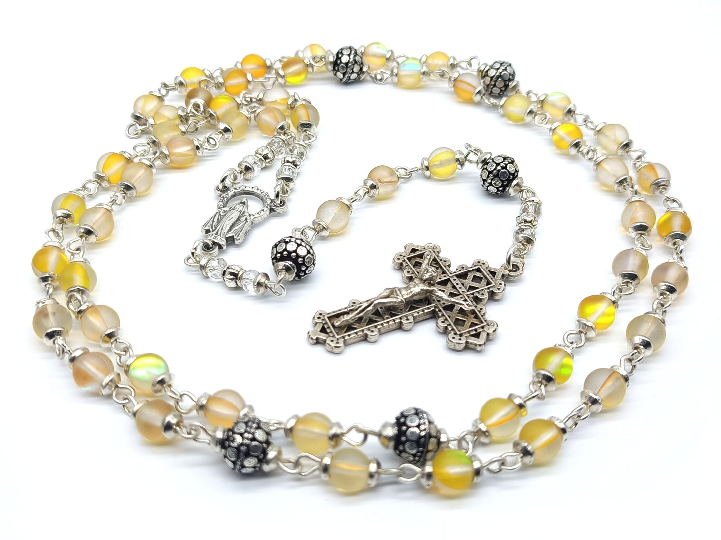 Miraculous medal unique rosary beads with yellow quartz gemstone beads, silver crucifix, pater beads and centre medal.