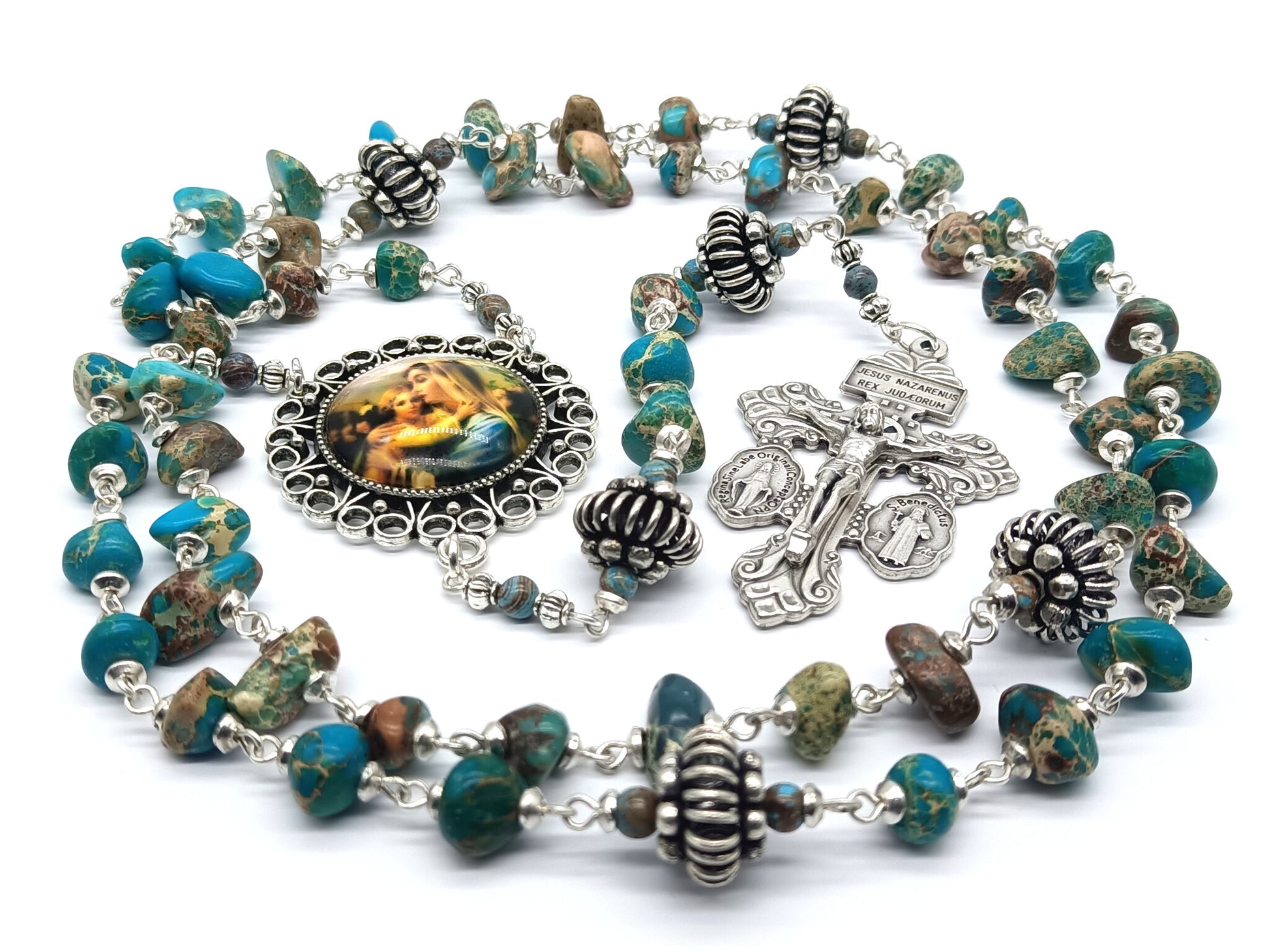 Virgin and Child unique rosary beads with jasper gemstone beads, silver Pardon crucifix, silver pater beads, bead caps and picture centre medal.