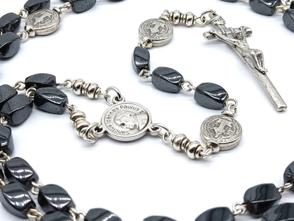 Saint John Paul II unique rosary beads with hematite beads, silver crucifix, St Benedict medal pater beads and JPII centre medal.