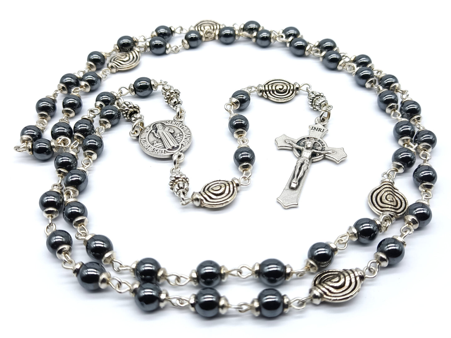 Saint Benedict unique rosary beads with hematite beads, silver St. Benedict crucifix, pater beads and centre medals.