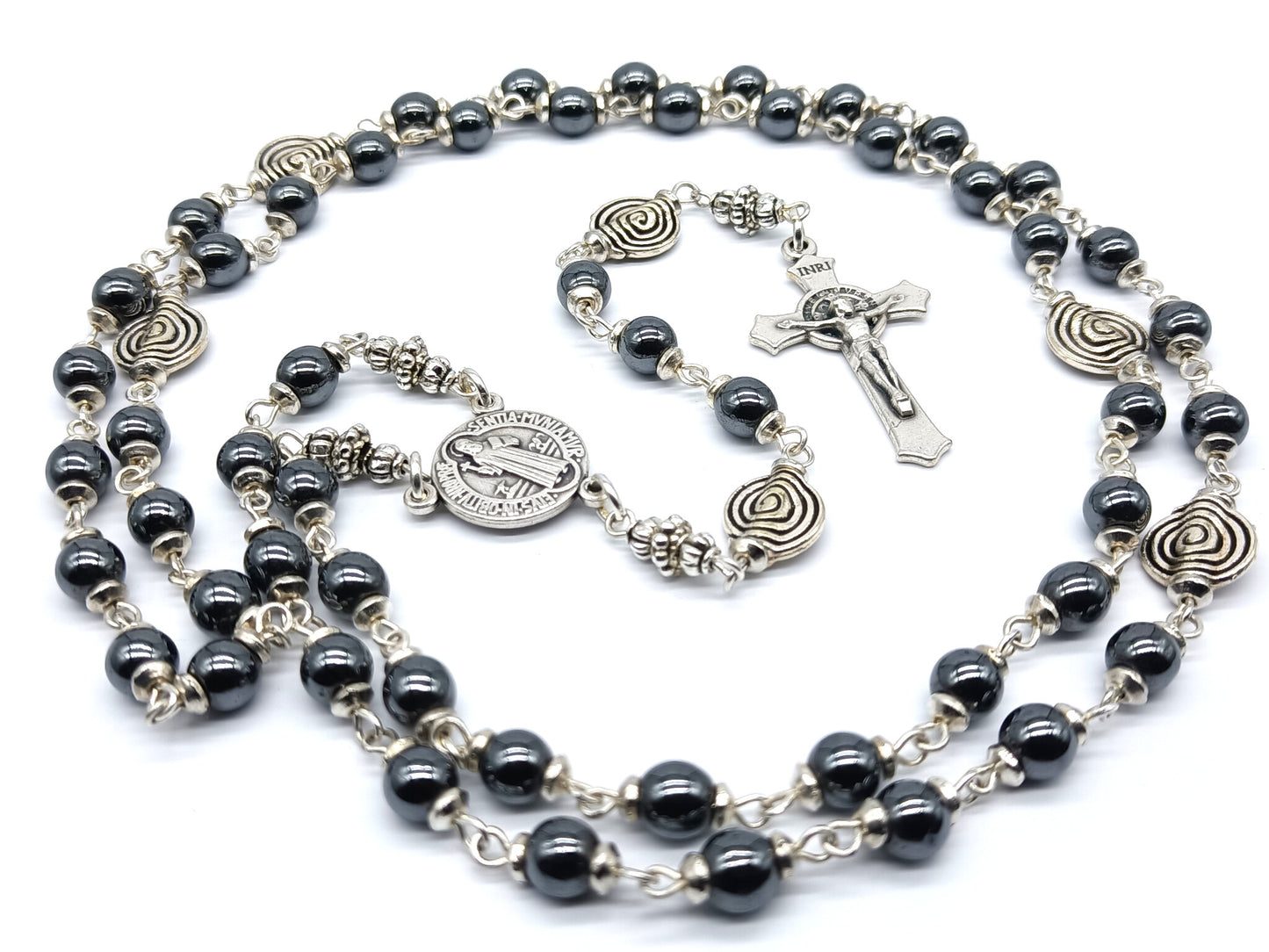 Saint Benedict unique rosary beads with hematite beads, silver St. Benedict crucifix, pater beads and centre medals.