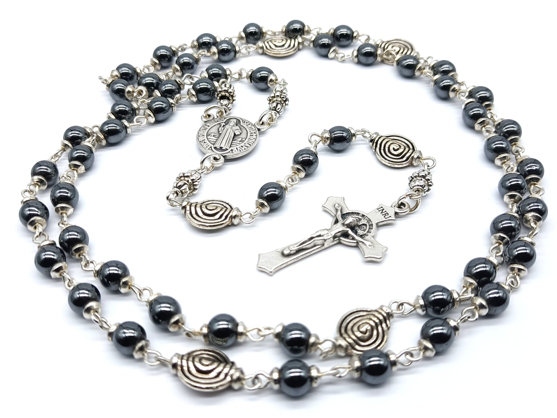Saint Benedict unique rosary beads with hematite beads, silver St. Benedict crucifix, pater beads and centre medals.