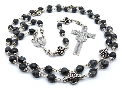 Holy Face of Jesus unique rosary beads with Norwegian Laverkite gemstone beads, Holy face crucifix, silver pater beads and St Benedict centre medal.