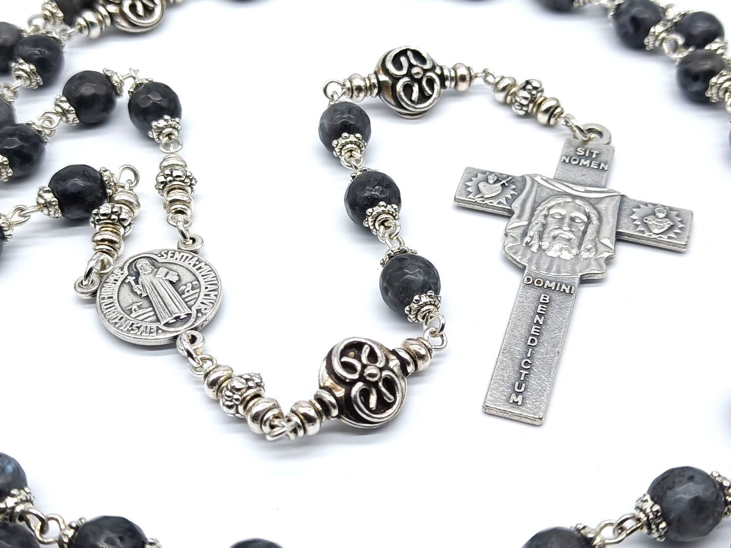 Holy Face of Jesus unique rosary beads with Norwegian Laverkite gemstone beads, Holy face crucifix, silver pater beads and St Benedict centre medal.