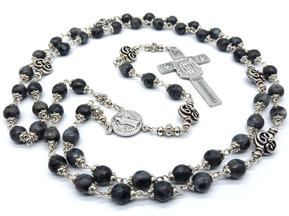 Holy Face of Jesus unique rosary beads with Norwegian Laverkite gemstone beads, Holy face crucifix, silver pater beads and St Benedict centre medal.