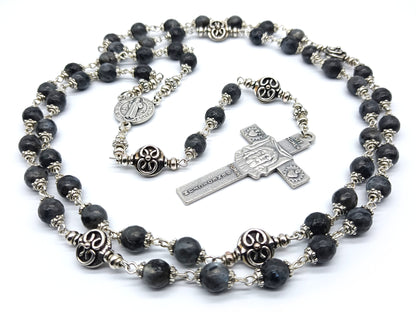 Holy Face of Jesus unique rosary beads with Norwegian Laverkite gemstone beads, Holy face crucifix, silver pater beads and St Benedict centre medal.