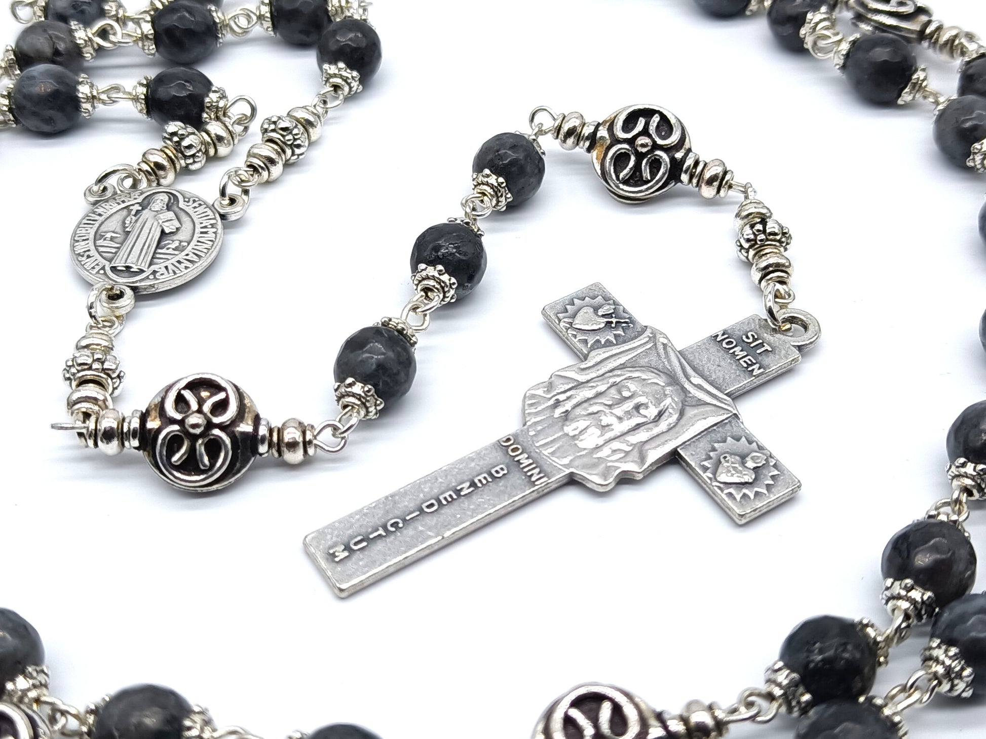 Holy Face of Jesus unique rosary beads with Norwegian Laverkite gemstone beads, Holy face crucifix, silver pater beads and St Benedict centre medal.