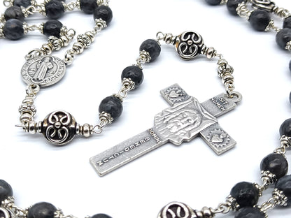 Holy Face of Jesus unique rosary beads with Norwegian Laverkite gemstone beads, Holy face crucifix, silver pater beads and St Benedict centre medal.