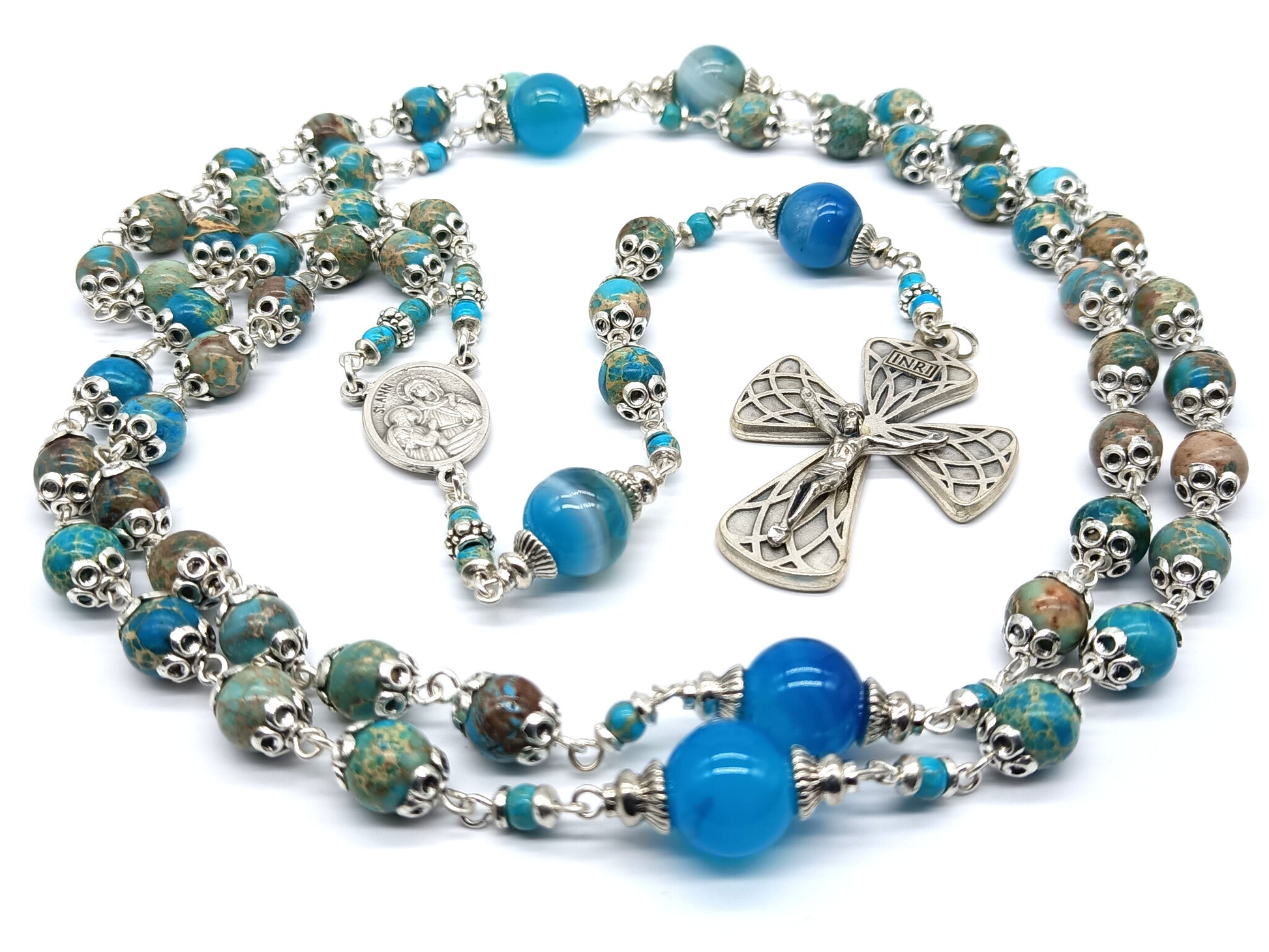 Saint Ann unique rosary beads with gemstone beads, silver crucifix, centre medal and blue glass pater beads.