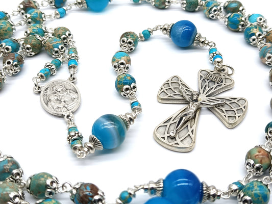 Saint Ann unique rosary beads with gemstone beads, silver crucifix, centre medal and blue glass pater beads.