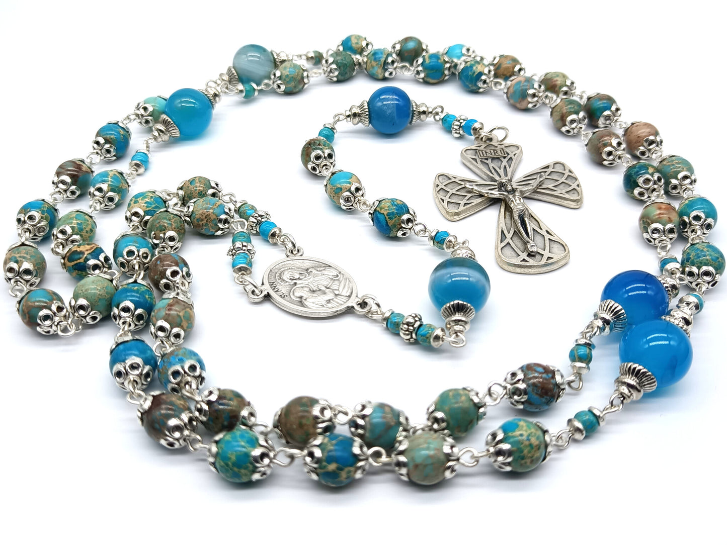 Saint Ann unique rosary beads with gemstone beads, silver crucifix, centre medal and blue glass pater beads.
