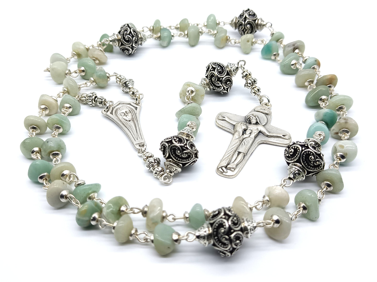 Virgin Mary unique rosary beads with amazonite gemstone beads, silver pater beads, crucifix and centre medal.