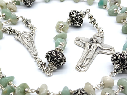 Virgin Mary unique rosary beads with amazonite gemstone beads, silver pater beads, crucifix and centre medal.