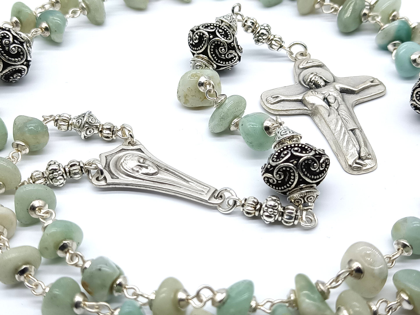 Virgin Mary unique rosary beads with amazonite gemstone beads, silver pater beads, crucifix and centre medal.