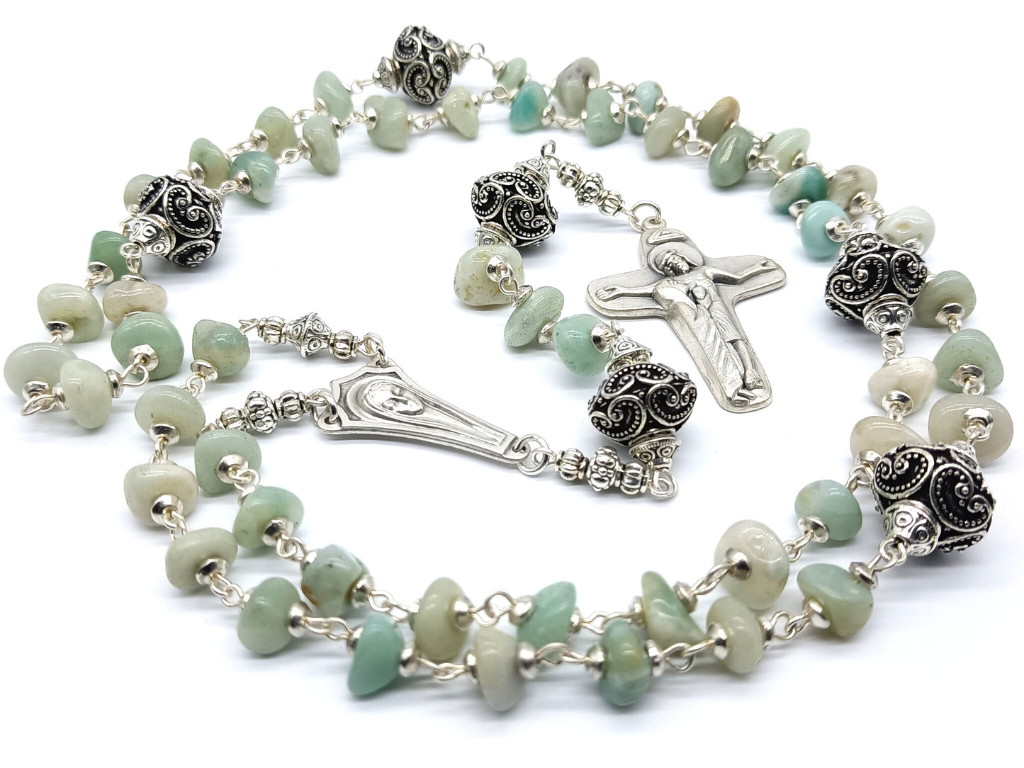 Virgin Mary unique rosary beads with amazonite gemstone beads, silver pater beads, crucifix and centre medal.