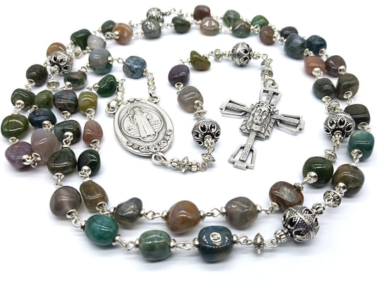 Large Saint Benedict unique rosary beads with agate gemstone beads, crown of thorns crucifix, silver pater beads and St Benedict centre medal.