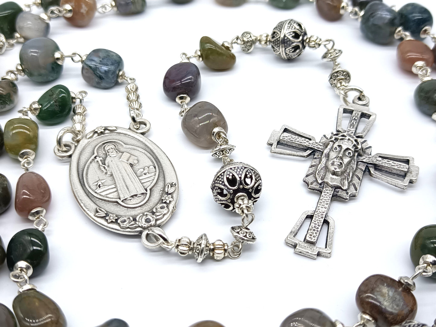 Large Saint Benedict unique rosary beads with agate gemstone beads, crown of thorns crucifix, silver pater beads and St Benedict centre medal.