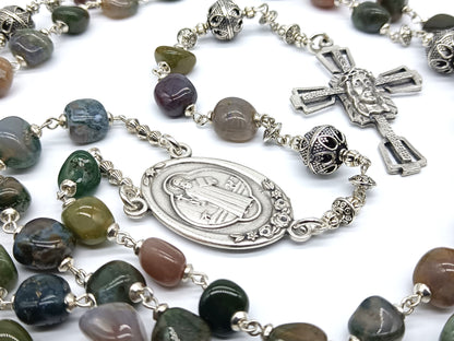 Large Saint Benedict unique rosary beads with agate gemstone beads, crown of thorns crucifix, silver pater beads and St Benedict centre medal.