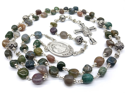 Large Saint Benedict unique rosary beads with agate gemstone beads, crown of thorns crucifix, silver pater beads and St Benedict centre medal.