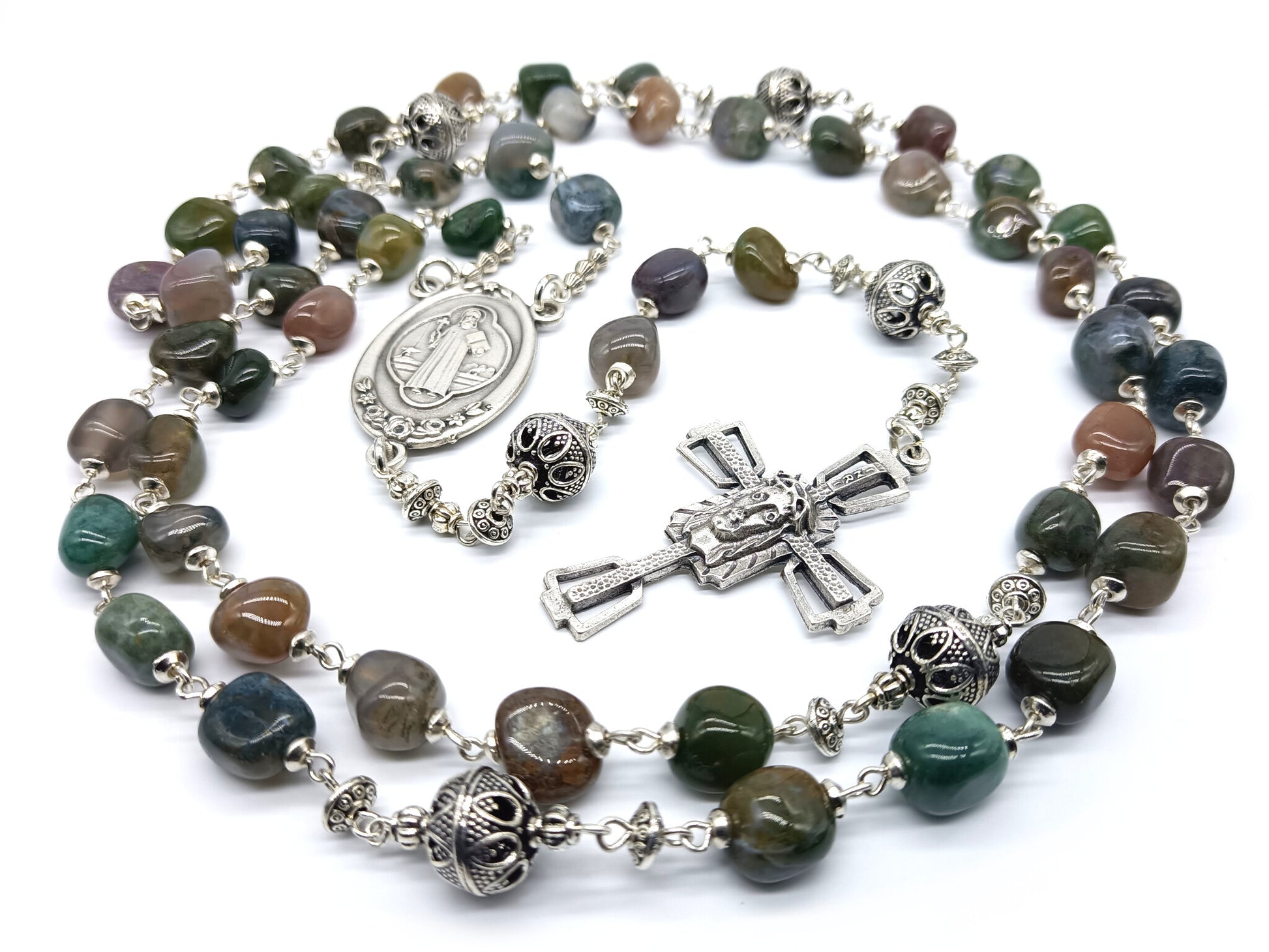 Large Saint Benedict unique rosary beads with agate gemstone beads, crown of thorns crucifix, silver pater beads and St Benedict centre medal.