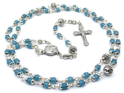 Virgin Mary unique rosary beads with blue gemstone beads, silver pater beads, crucifix and centre medal.