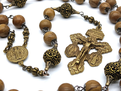 Saint Bernard unique rosary beads with gemstone beads, bronze Pardon crucifix, St. Bernard medal and brass pater beads.