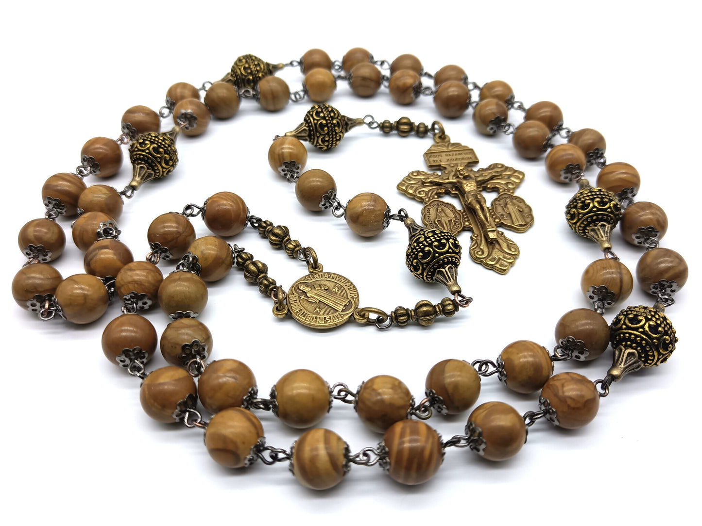Saint Bernard unique rosary beads with gemstone beads, bronze Pardon crucifix, St. Bernard medal and brass pater beads.