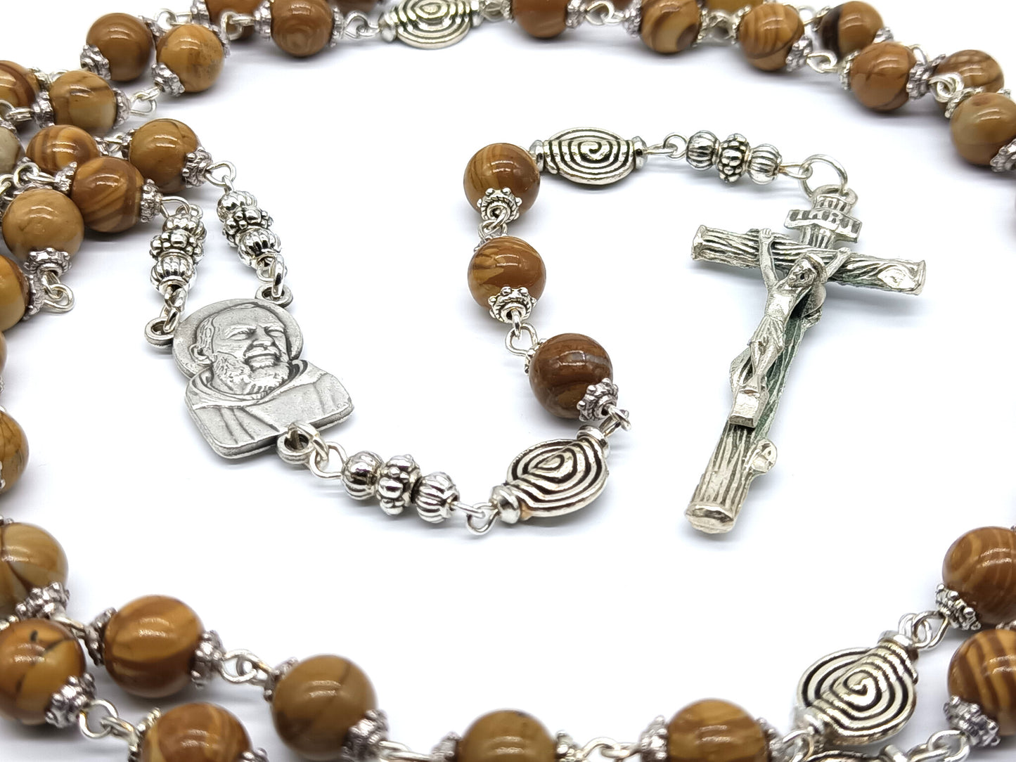 Saint Padre Pio unique rosary beads with gemstone beads, silver pater beads, crucifix and centre medal.