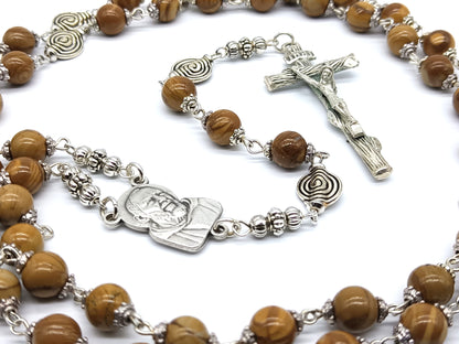 Saint Padre Pio unique rosary beads with gemstone beads, silver pater beads, crucifix and centre medal.