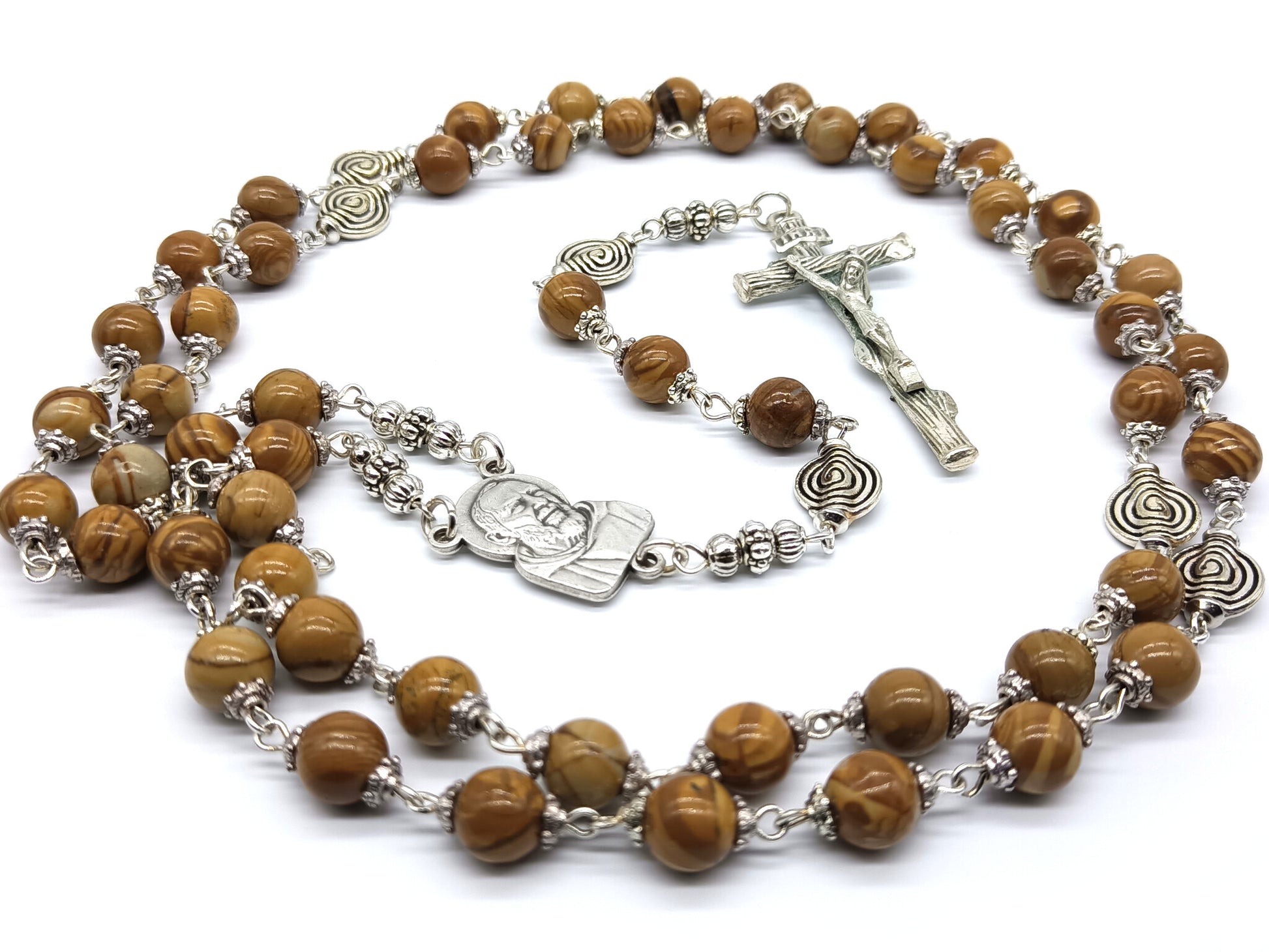Saint Padre Pio unique rosary beads with gemstone beads, silver pater beads, crucifix and centre medal.