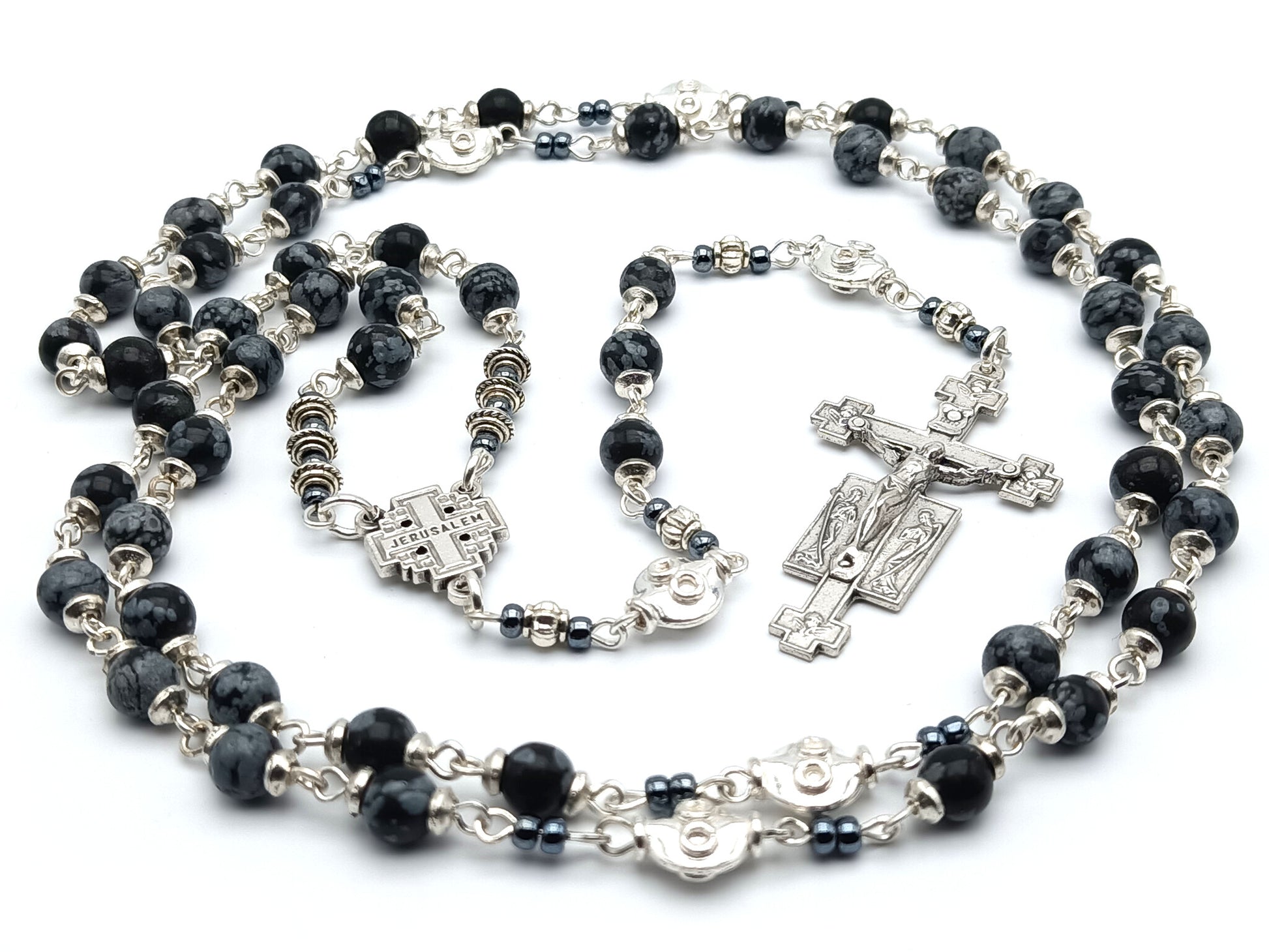 Jerusalem unique rosary beads with alabaster gemstone beads, silver Holy angels crucifix, pater beads and centre medal.