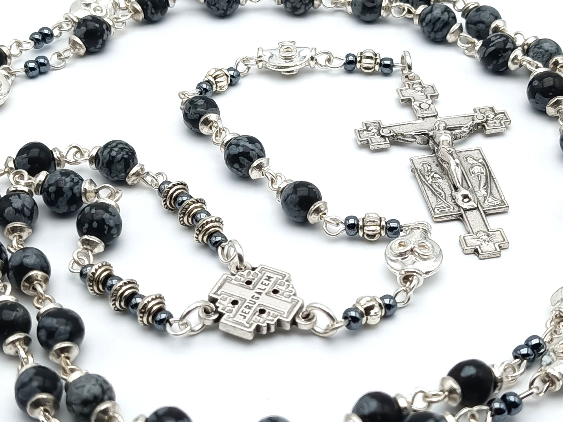 Jerusalem unique rosary beads with alabaster gemstone beads, silver Holy angels crucifix, pater beads and centre medal.