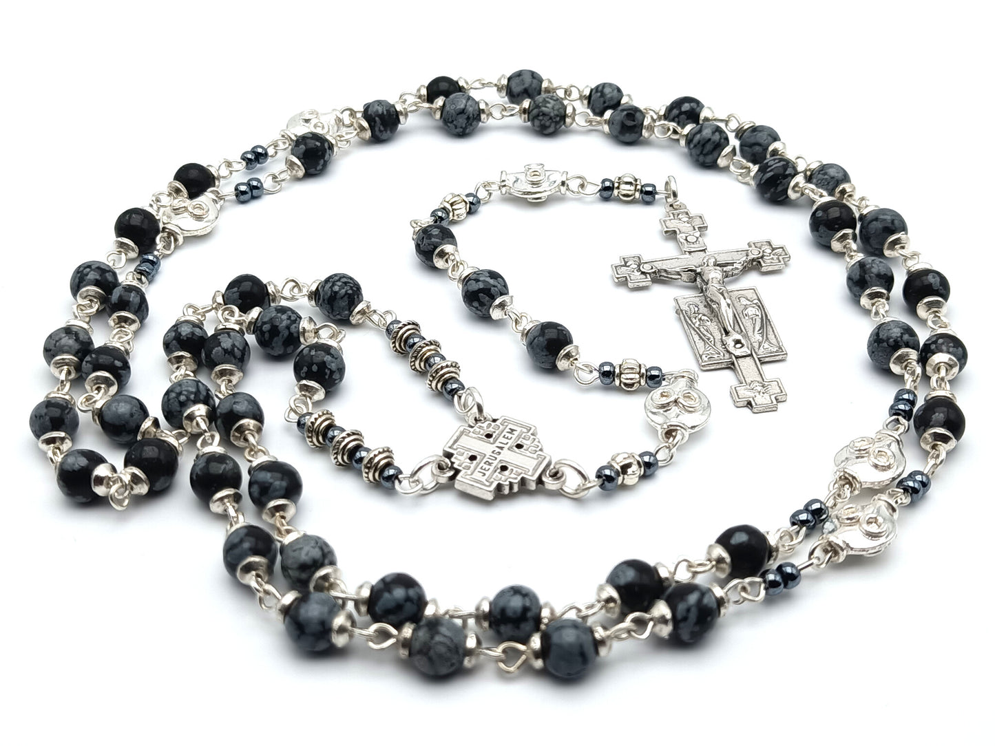 Jerusalem unique rosary beads with alabaster gemstone beads, silver Holy angels crucifix, pater beads and centre medal.