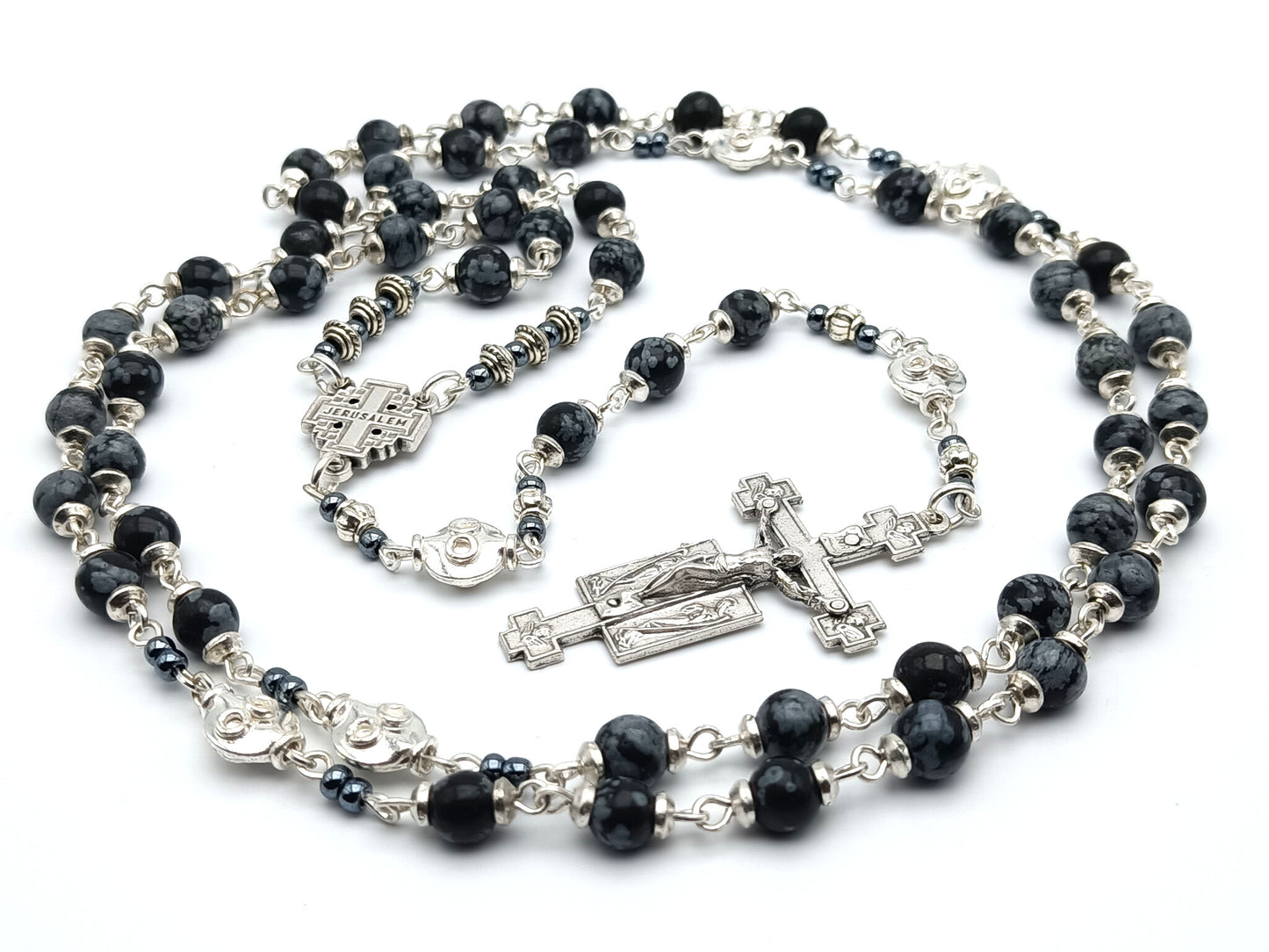 Jerusalem unique rosary beads with alabaster gemstone beads, silver Holy angels crucifix, pater beads and centre medal.