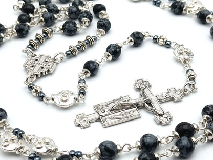 Jerusalem unique rosary beads with alabaster gemstone beads, silver Holy angels crucifix, pater beads and centre medal.