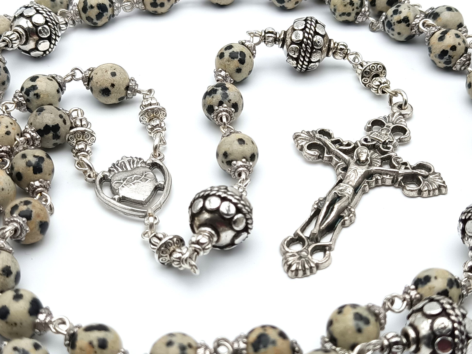 Sacred Heart of Jesus unique rosary beads with gemstone beads, silver crucifix, pater beads and centre medal.