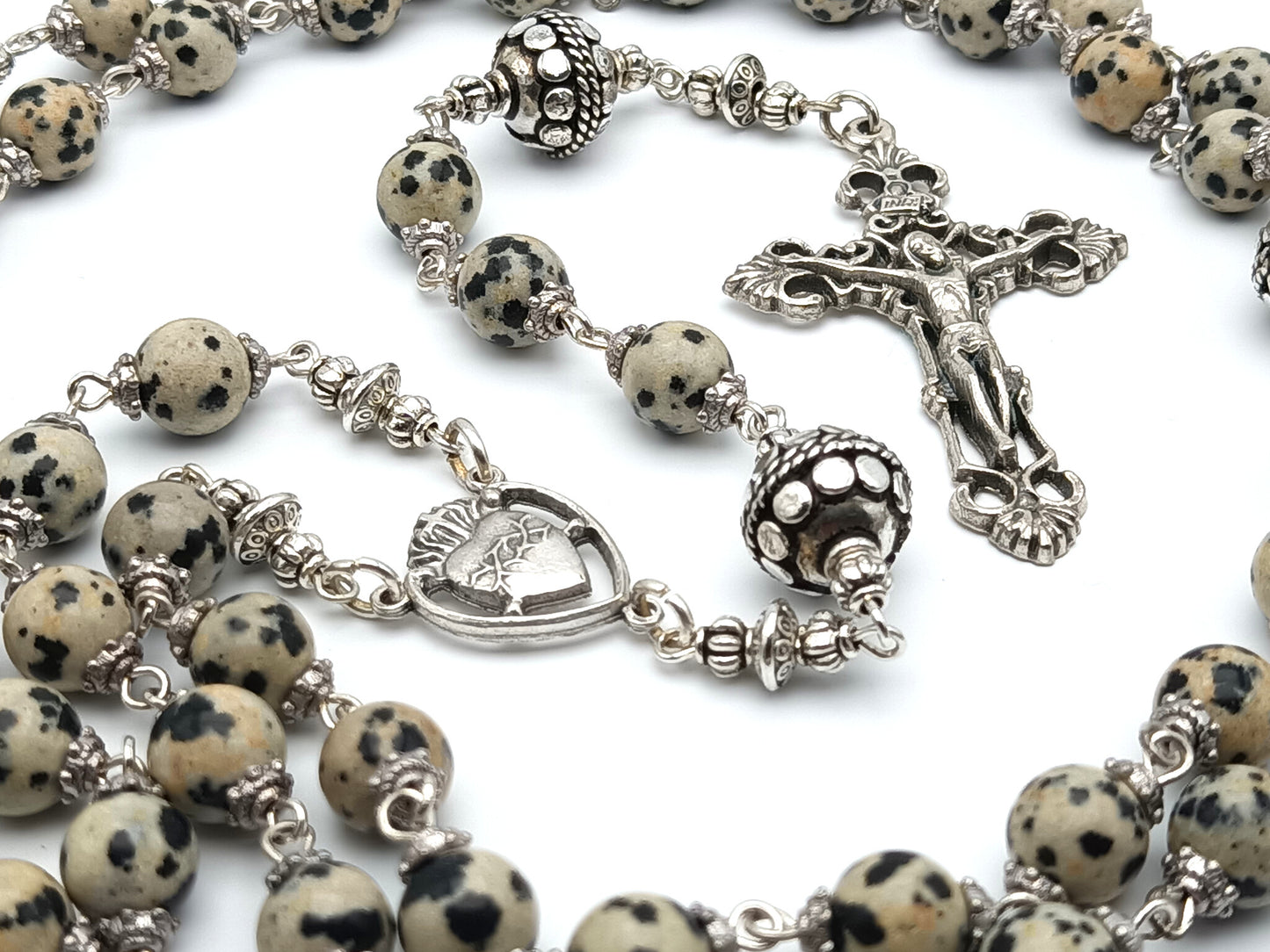 Sacred Heart of Jesus unique rosary beads with gemstone beads, silver crucifix, pater beads and centre medal.